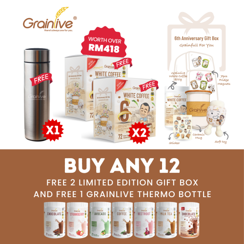 Buy 12 Free 2 Exclusive White Coffee Gift Box + Free Grainlive Thermo